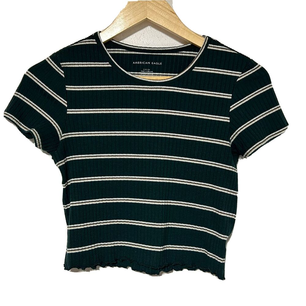 American Eagle Womens Juniors Crop Top Green Striped Stretch Sz Small